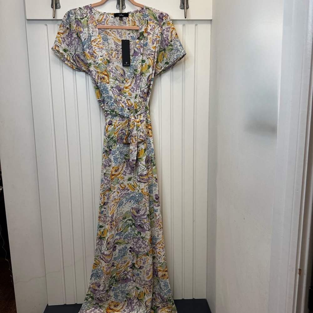 Lulu's Feels Magical Ivory Floral Print Short Sleeve Wrap Maxi Dress Sold Out S - Picture 7 of 14